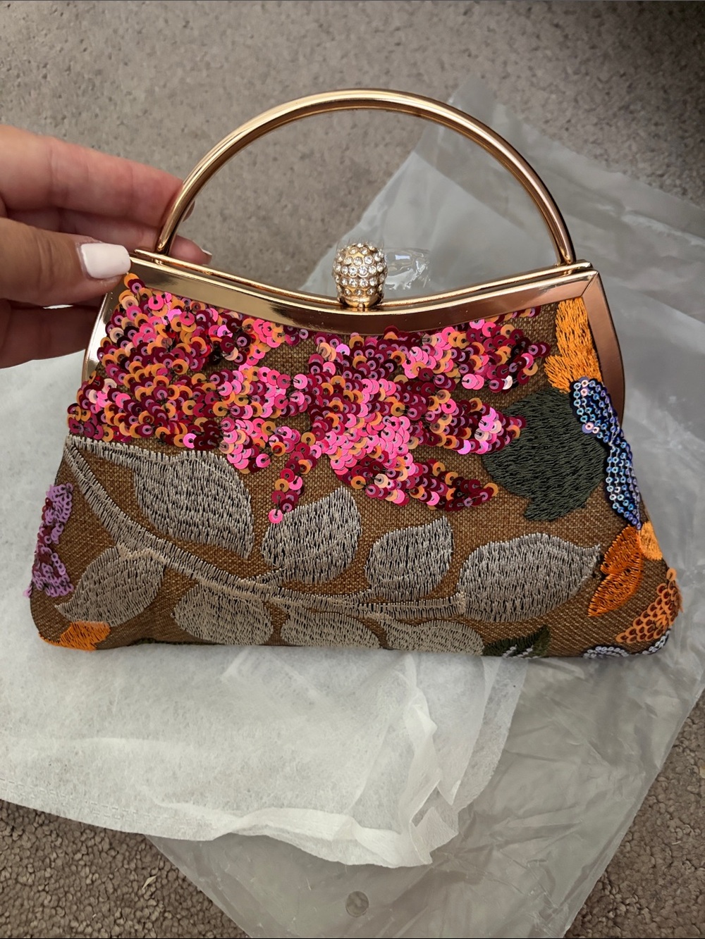 New::: Embellished Floral Sequin Top-Handle Clutch Multi Pink w crossbody chain